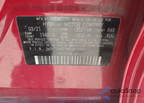 2021 Hyundai Accent Se z USA, uszkodzony, nr VIN 3KPC24A61ME146695